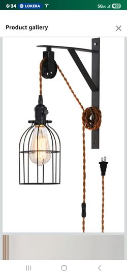 SEEBLEN Industrial Farmhouse Wall Sconce – Plug-In Pulley Lamp