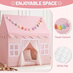 Kids Play Tent Indoor: with Mat, Tassel Garland - Pink Girls Tent Playhouse Kids Toys for Boy Girl Birthday Gift for Kids
