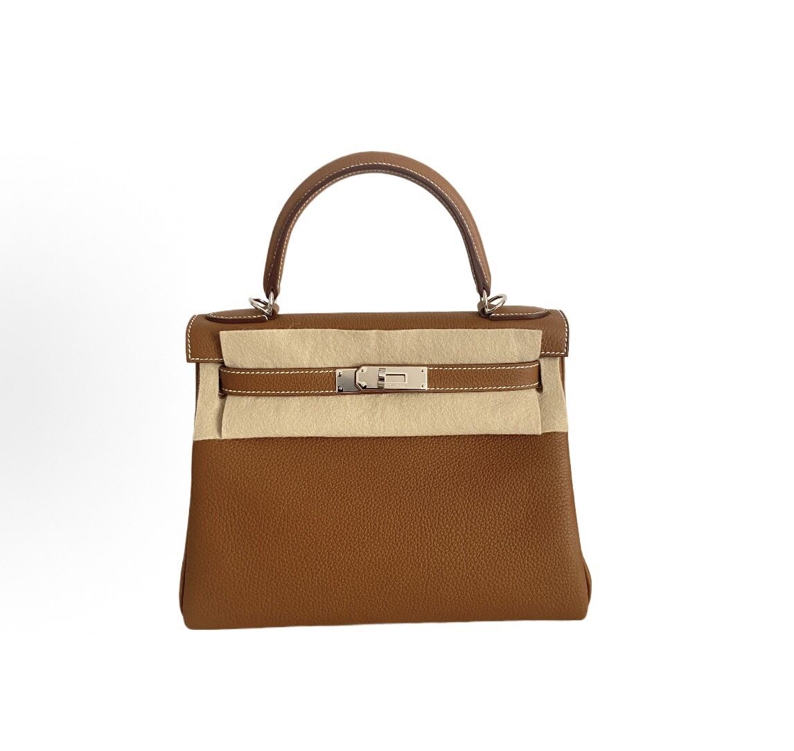 HERMES Kelly 28 Silver Buckle Togo Leather Kelly Bag Single Shoulder Handbag Women's Brown(154)67