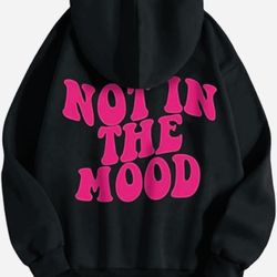 Women's Hooded Sweater - Loose Casual Jumper, Eye-Catching "NOT IN THE MOOD" Letter Print, Pure Black And Pink Pattern, Machine Washable Warm Winter S