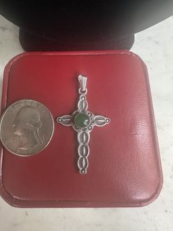 Vintage 925 Sterling silver w/ natural green jade cross pendant,  marked STERLING, 1.5 in. , embossed , looks native am.
