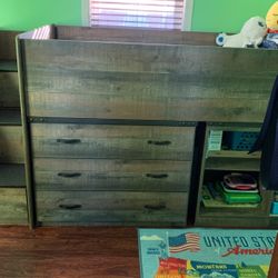 Kids Twin Bed w/ Stairs, Drawers, And Cubby Units