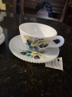 Westmoreland  beaded edges  milk glass  cup and saucers..