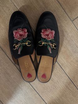 Gucci Princetown Leather Mules with Rose Embroidery.