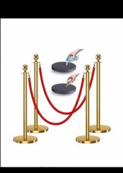 New 4Pcs Stanchions and Velvet Ropes, Crowd Control Barriers (Glod) Water or Sand-Fillable Base, 5 Feet Velvet Ropes and Posts Poles for Red Carpet Fo