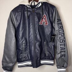 Aeropostale Leather Aviator Medium Jacket Men Hooded Sherpa Blue Gray APJ01133