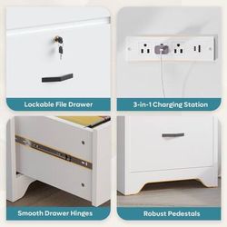 Office Desk with Charging station, File Drawers & Cabinets