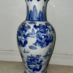 Chinese Blue And White 18 Inch Ceramic Baluster  Dragon Design Vase