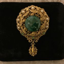 Vintage Goldtone Solid Brooch With Green Rhinestones,pearls,and Dark Green Gem Stone..dangle 