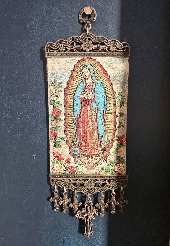 Religious Our Lady of Guadalupe Tapestry Wall Art Decor With Metal Boarder And Crosses