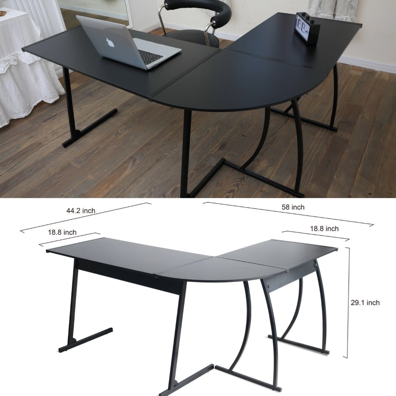 New In Box 58Lx44Dx29H Inch L Shape Corner Office Computer Desk Table All Black Color