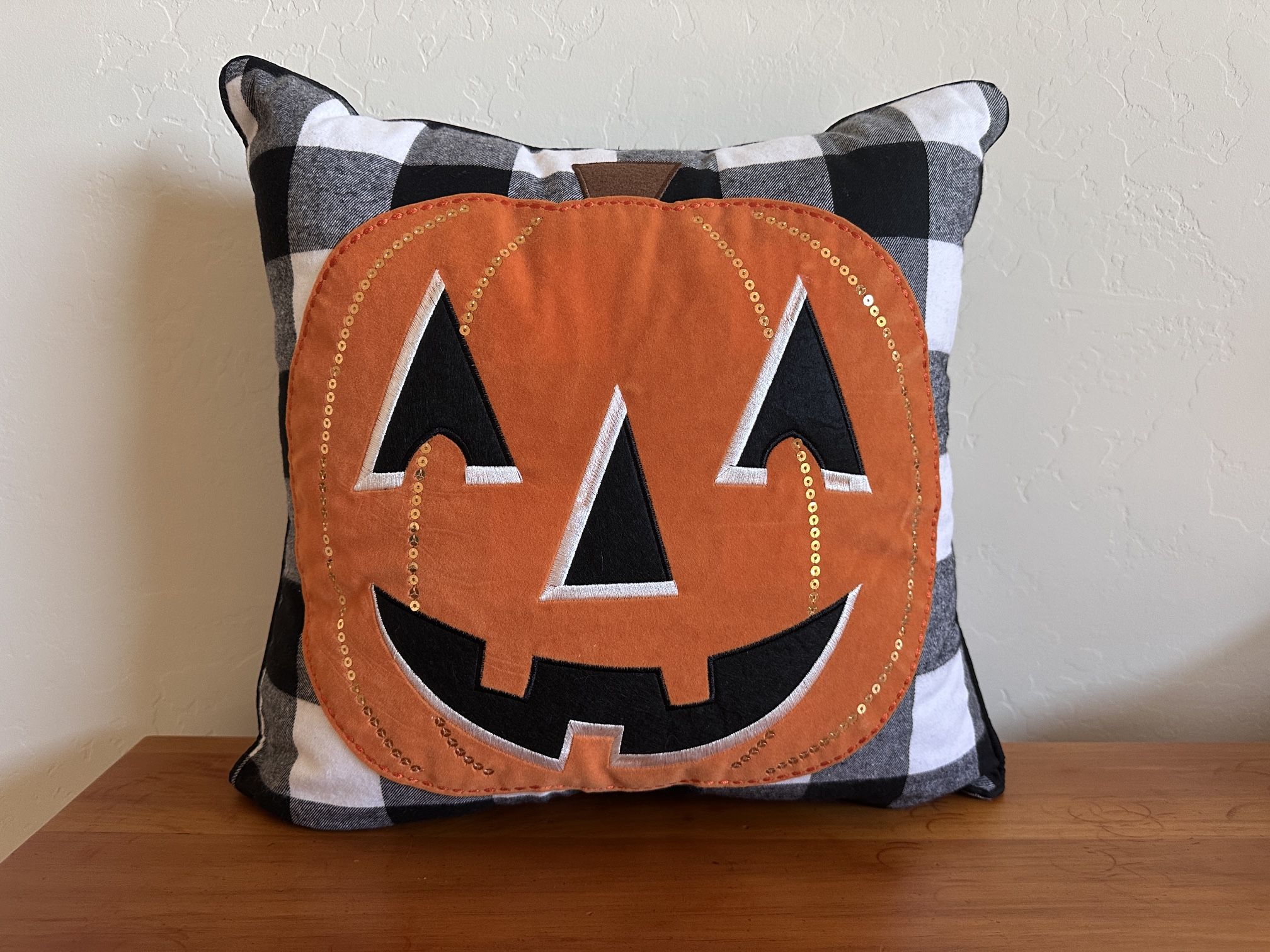 Halloween Pillow Pumpkin on Buffalo Check