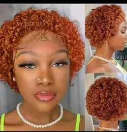 #350 Ginger Color Short Curly Bob Wig Pixie Cut 13x1 Lace Front Wig Human Hair Lace Wigs For Women Short Pixie Curly Human Wigs