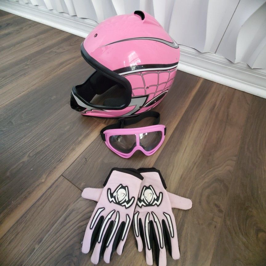 DOT Approved Youth Girls Helmet, Gloves, And Goggles Bundle Offroad Motocross ATV - Large