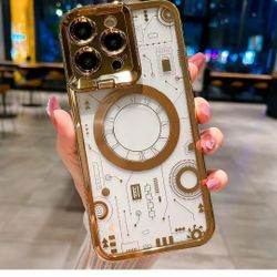 Transparent Compatible with Magsafe Case for iPhone 15 Pro Max Case with Lens Route Pattern Case for iPhone 15 Pro Max case (Gold)