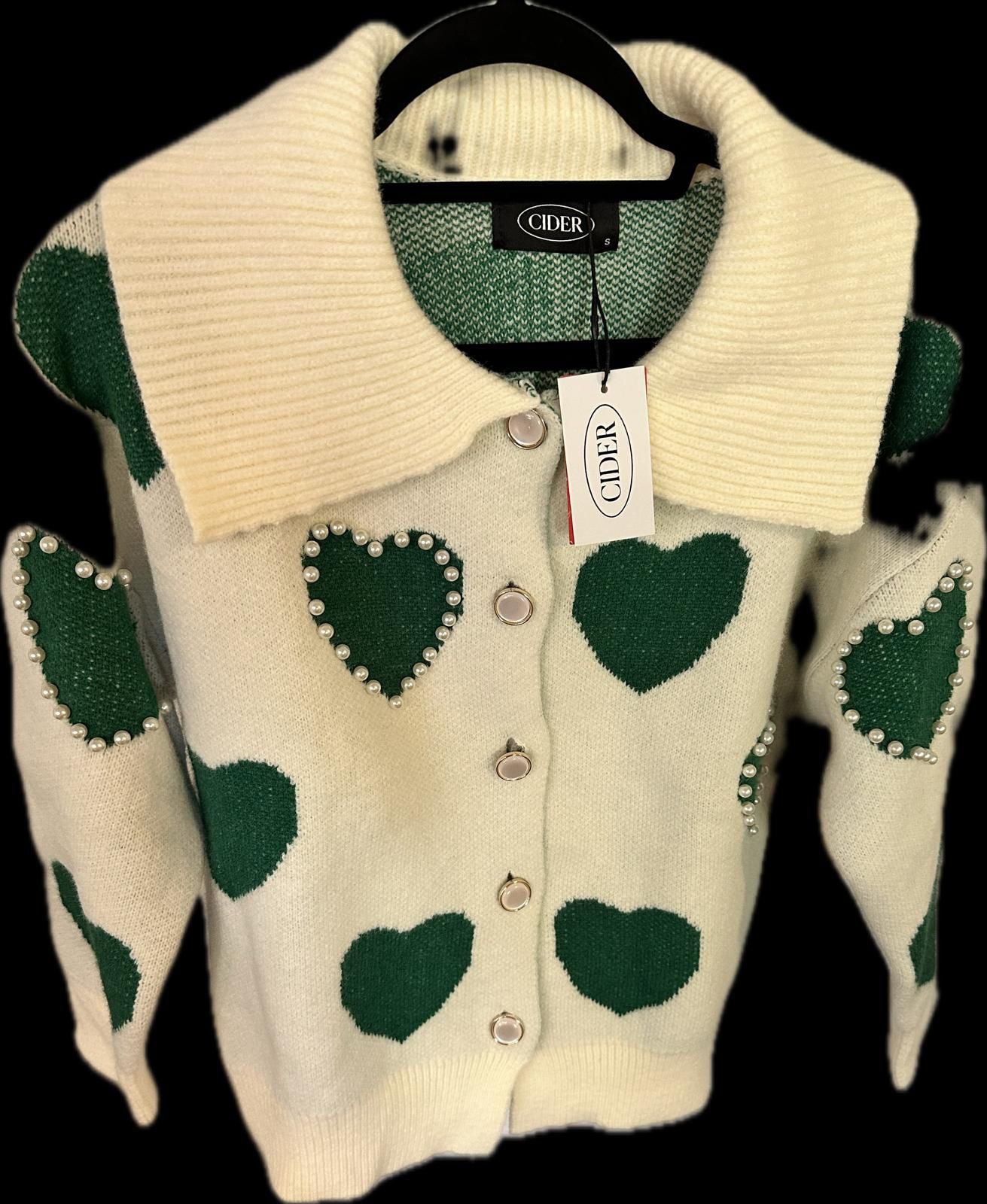 Cider Green Heart Pearl Cardigan