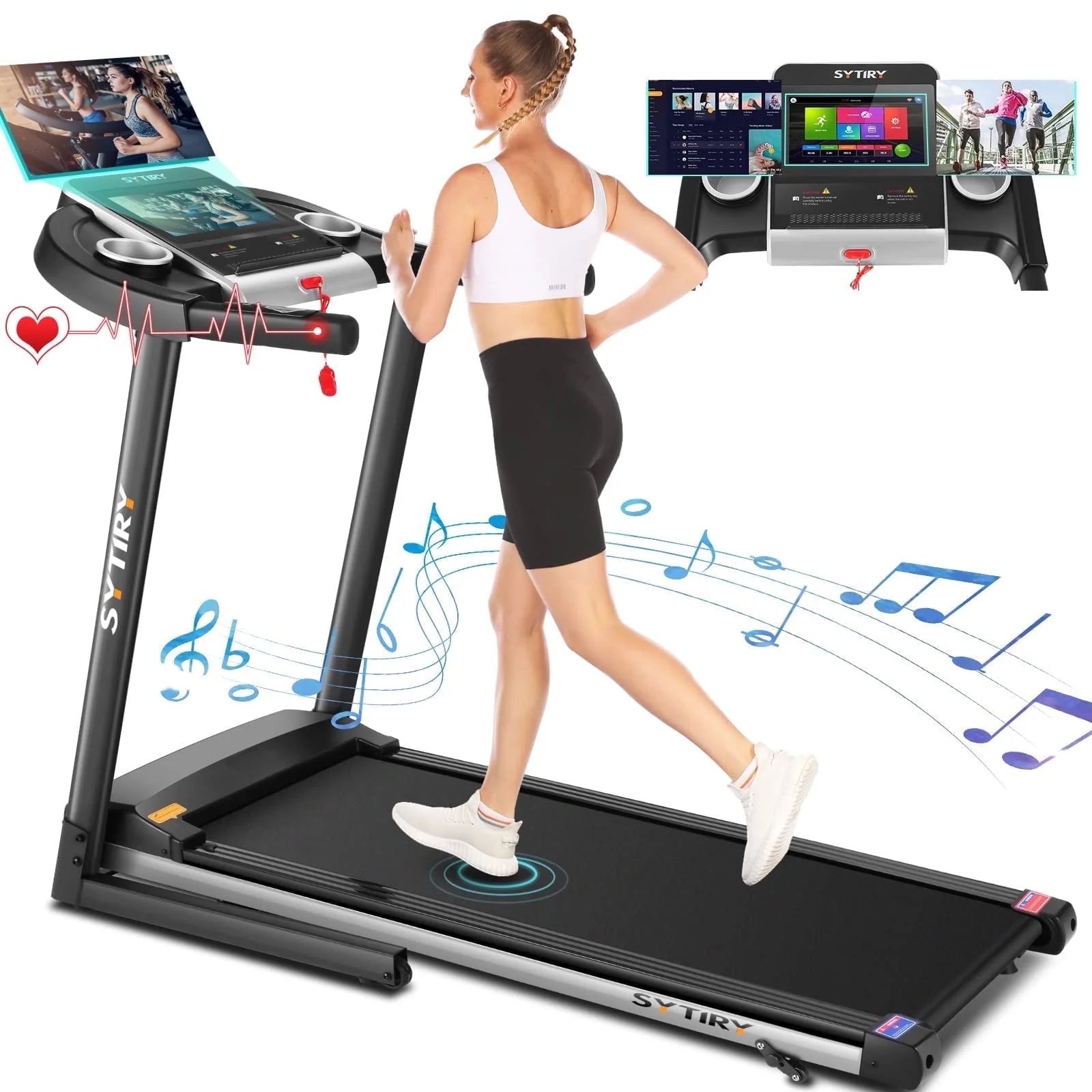 SYTIRY Treadmill with 10" HD TV Touchscreen & 3D Virtual Sports Scene, 3.25HP Folding Running Machine with Manual Incline, Foldable Treadmill with 265