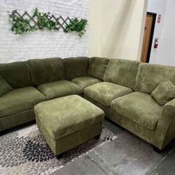99x99 Sage Corduroy Sectional Couch With Ottoman / Free Delivery 