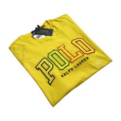 POLO RALPH LAUREN SPELLOUT SHIRT SMALL S MENS YELLOW GRAPHIC TEE BLOCK LOGO BNWT