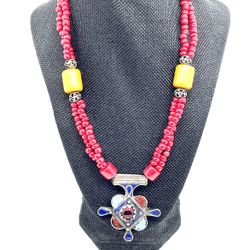Berber Cross Coral And Amber Necklace 