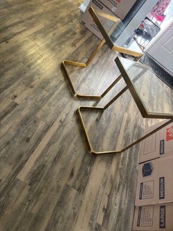 Pair of Gold C-Shaped Glass Top Side Tables about 2 1/2 feet tall