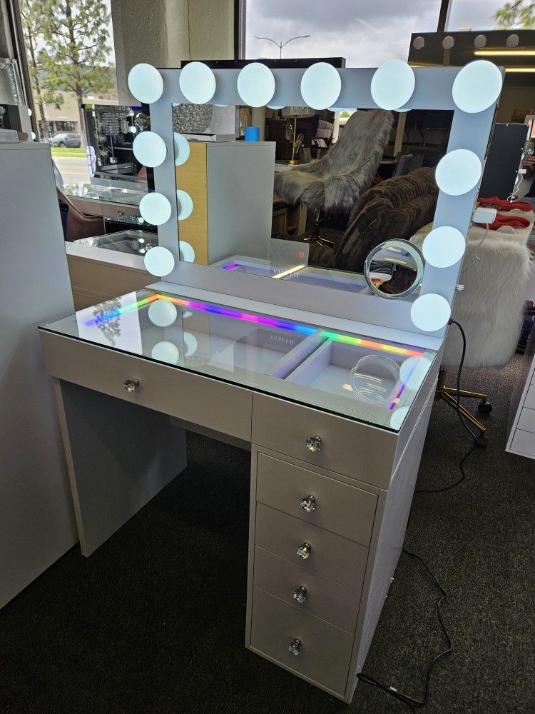 Brand New Celina Vanity W/ Hollywood Mirror RGB Light Color Inside Desk & Hollywood Mirror Bluetooth $799