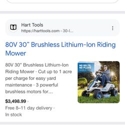 80V 30” Brushless Lithium-Ion Hart Riding Lawnmower H80RM011 Brand New 