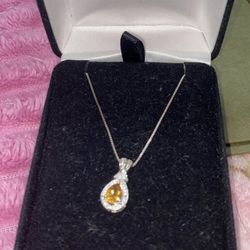 Sterling silver necklace, diamonds accent, citrine gem