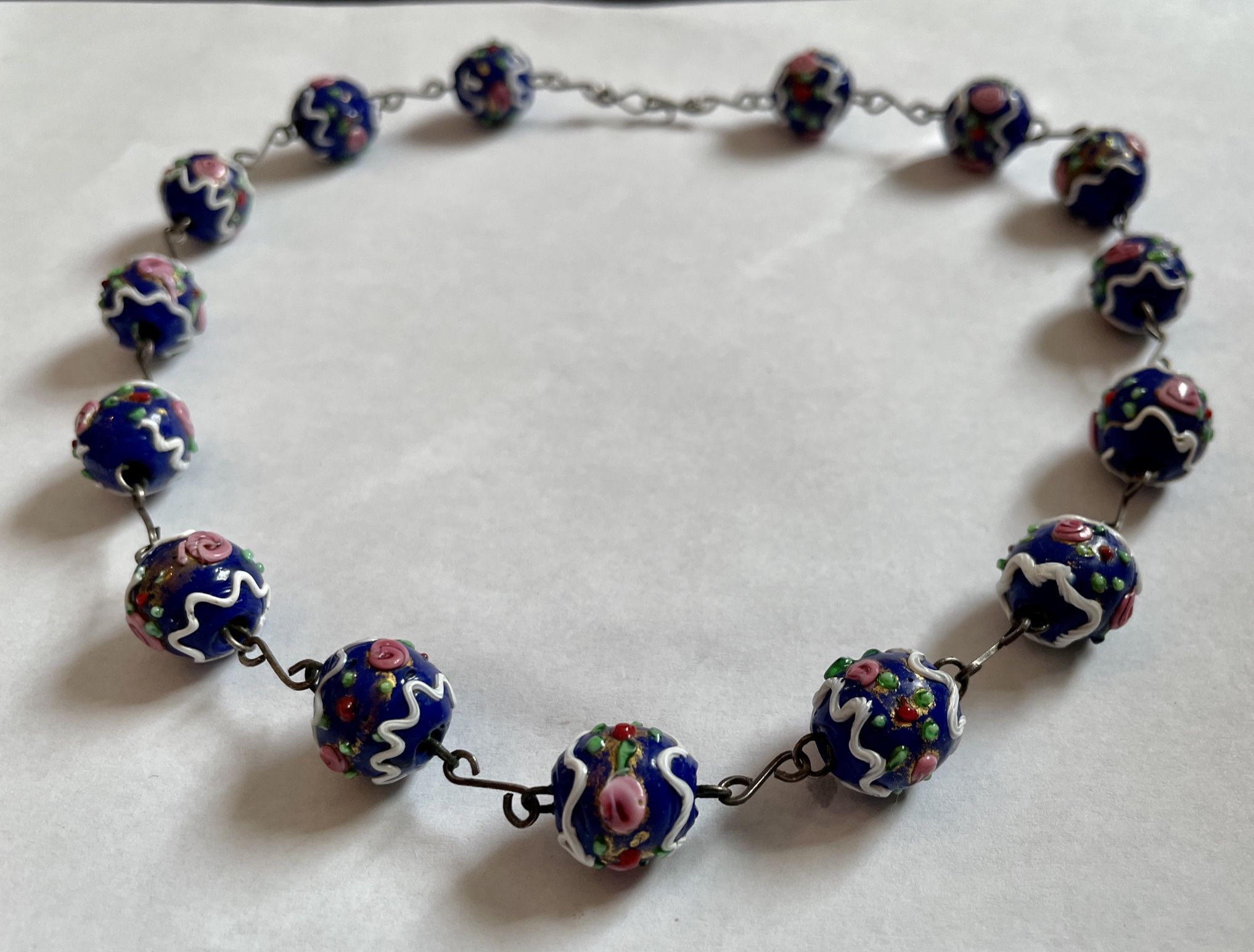 VINTAGE ITALIAN MURANO WEDDING CAKE ROYAL BLUE GOLD GLASS BEAD NECKLACE