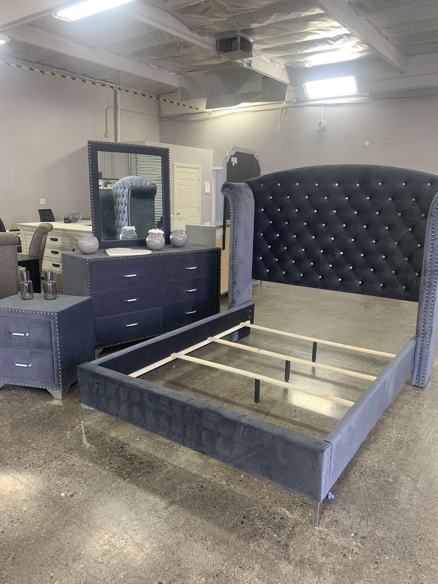 Queen Bed Frame Velvet Tufted Crystals