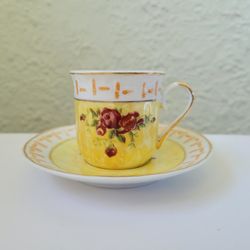 Tea Cup and Saucer Demitasse Yellow White Floral Gold Trim. Good Condition 