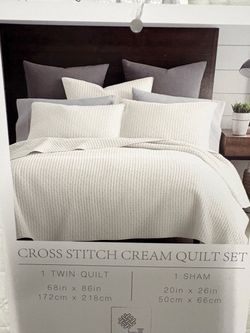 New Levtex Home Cross Stitch Reversible Twin XL/Twin Quilt Set with 1 Pillow Sham, Cream