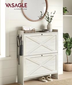 Shoe Storage Cabinet Organizer with 2 Flip Drawers, Freestanding Narrow Shoe Rack Cabinet for Entryway, Farmhouse Style, Fits 14 to 16 Pairs, Rustic W