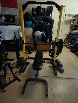 Home Gym Package: Rack, Bench, Olympic Barbell & 385 lbs Plates 800 OBO