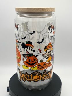 Mickey Mouse Halloween Glass  Cup with Bamboo Lid