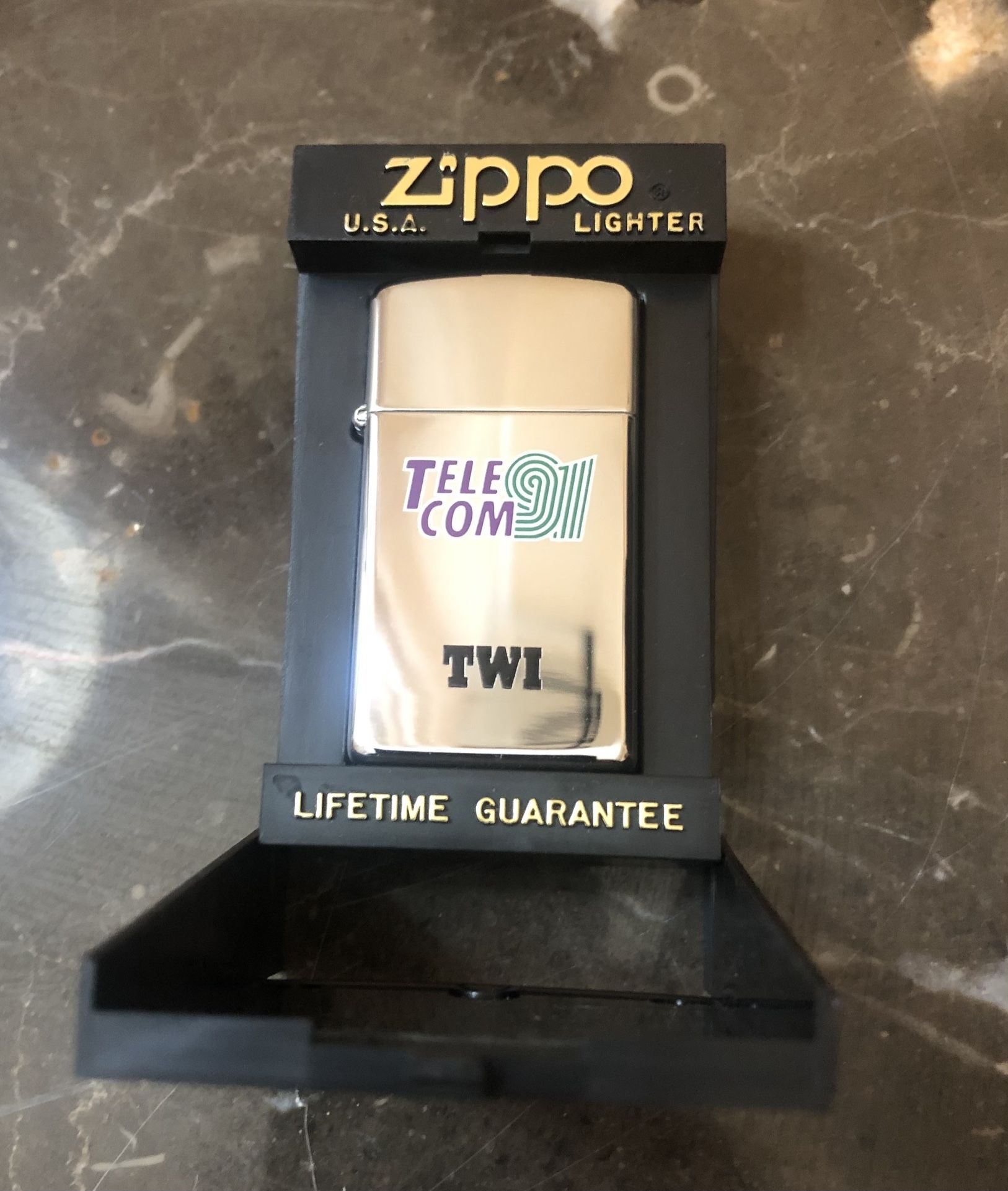 VINTAGE 91’ ZIPPO SLIM LIGHTER TELECOM TWI ADVERTISING MINT IN CASE