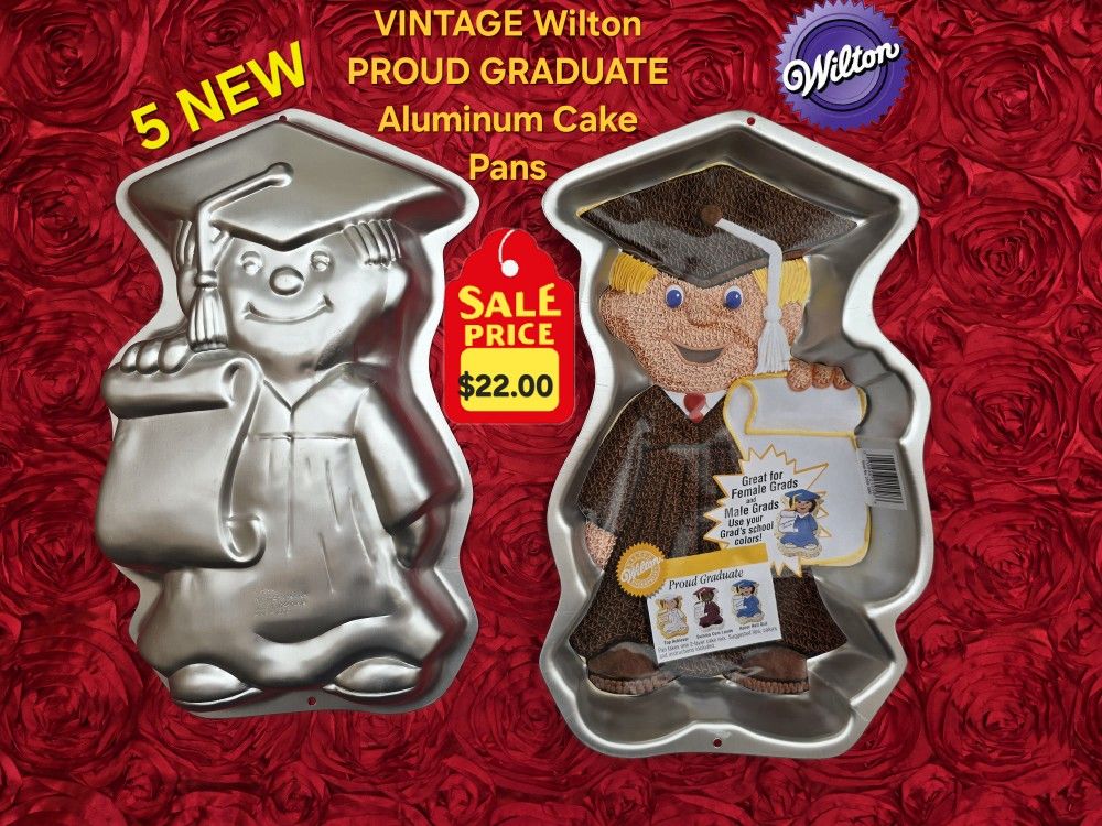 5 NEW VINTAGE WILTON "PROUD GRADUATE" Aluminum Cake Pans. ($22.00 each)