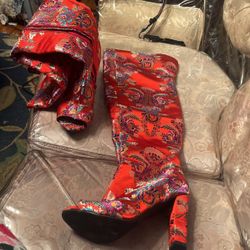 Opened Toe High Heeled Knee High Red Print Boots 