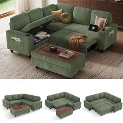 5 Seaters Sleeper Sofa Bed, Pull Out Couch Bed with Storage Ottoman, Sectional Couches for Living Room, Dark Green