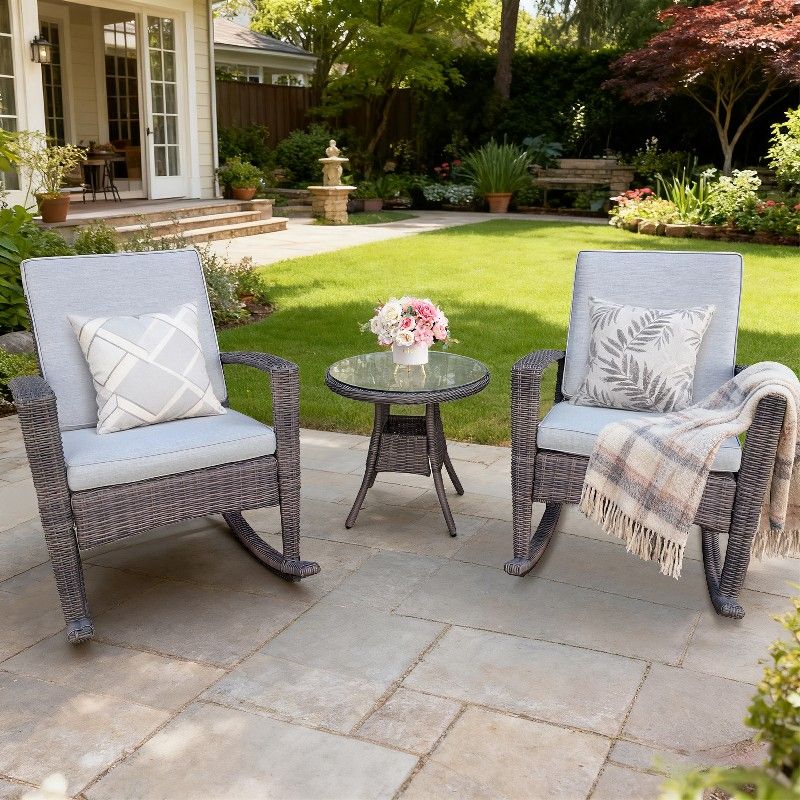 New Outdoor 3-Piece HDPE Wicker Rocker Set with Sunbrella® Cushions