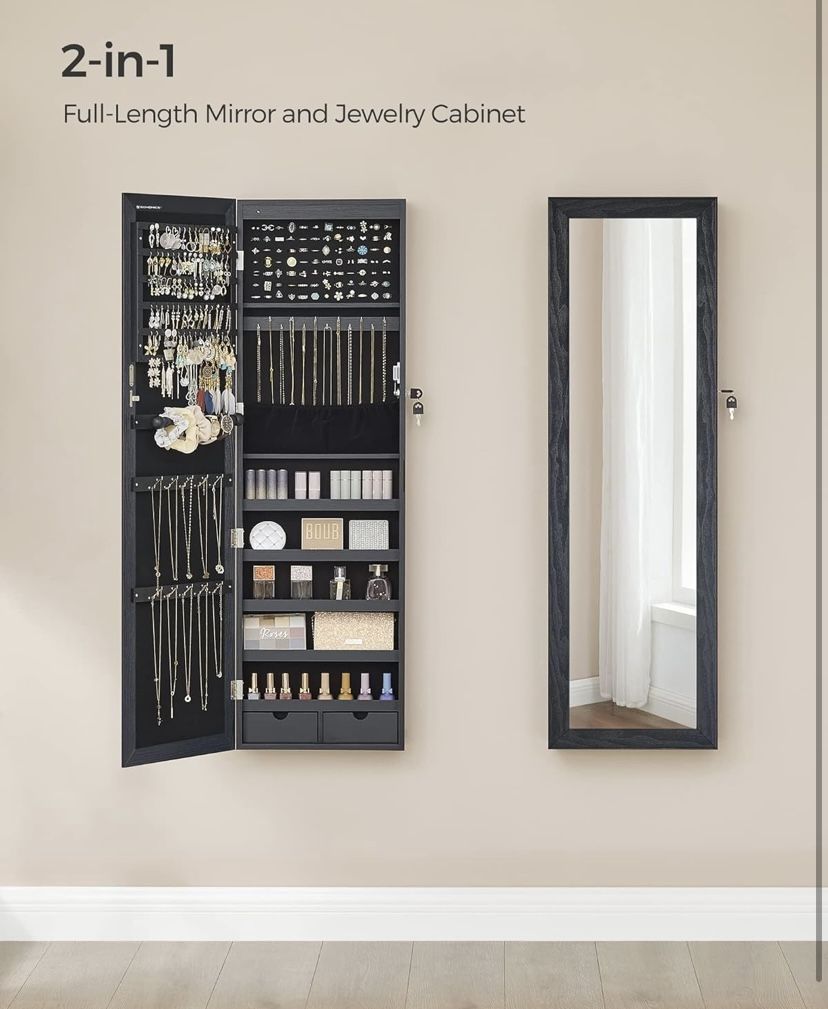 6 LEDs Mirror Jewelry Tall Lockable Wall or Door Mounted Jewelry Armoire Organizer with Mirror
