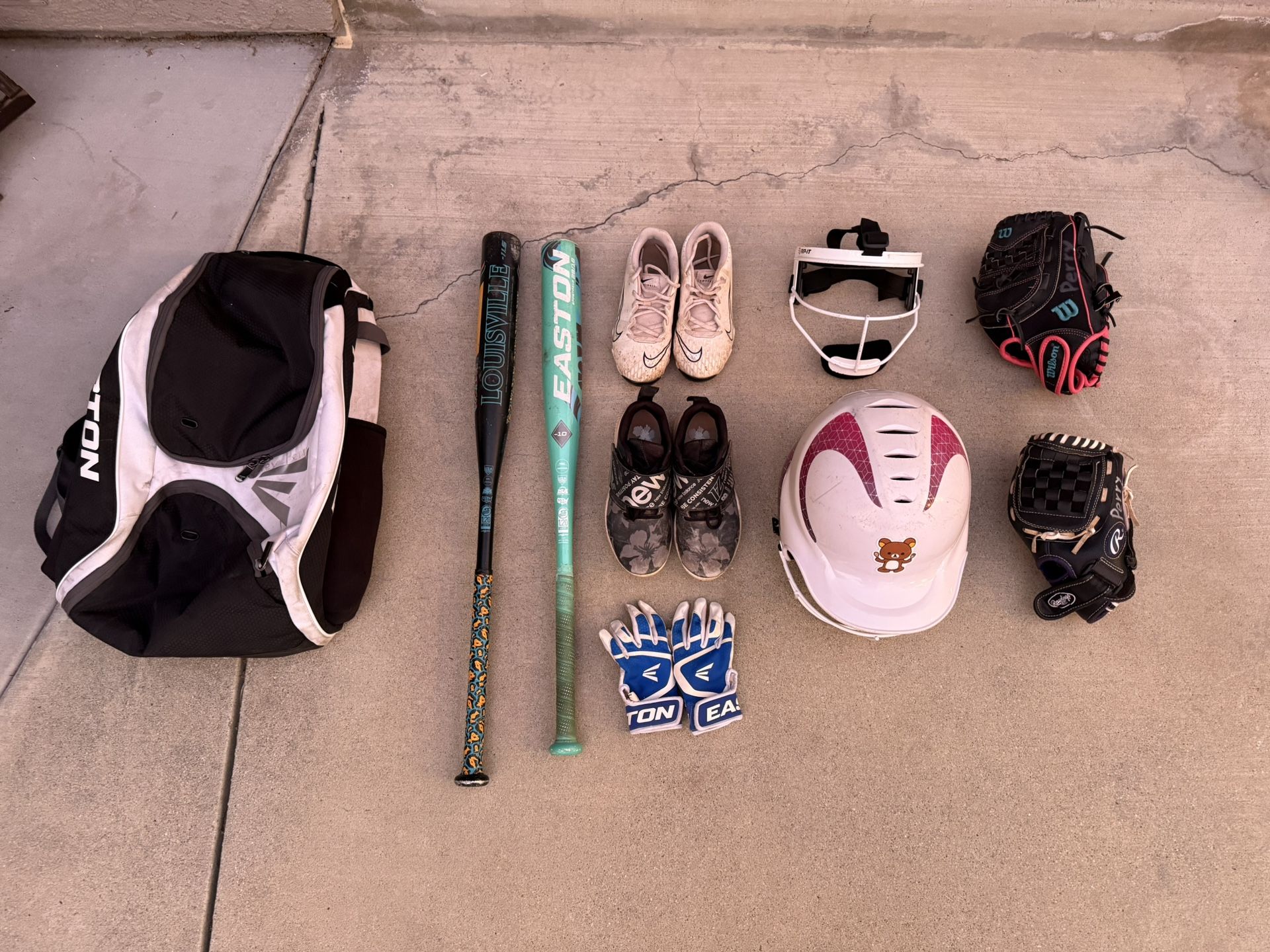 Softball Bats, Glove, Helmet, and Bag