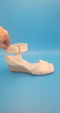 Franco Sarto "Samina" (Sz 7.5M) White Square Toe Wedge Sandals Ankle Strap Excellent Condition PRICE Is Firm Cash Only