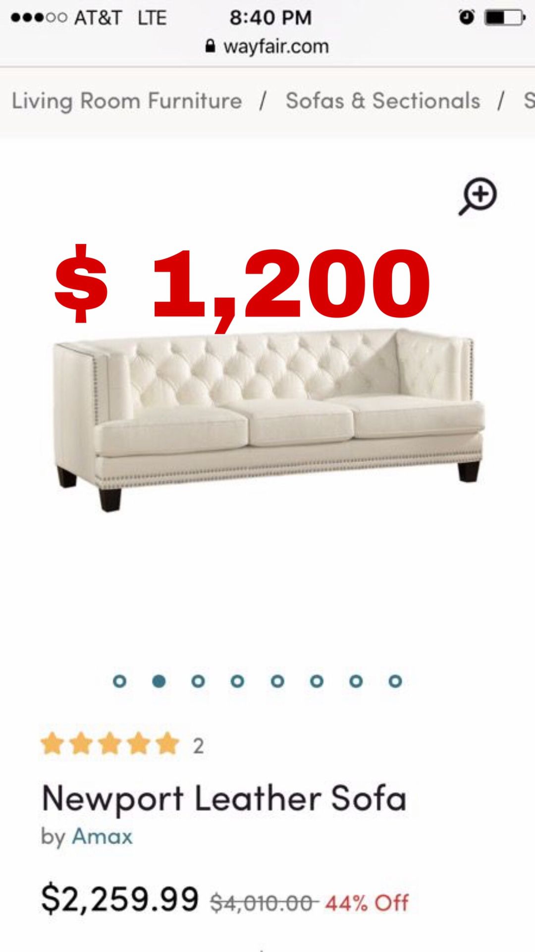 Beautiful new contemporary Newport 100% genuine white leather sofa/couch only 1,200$!!! Original price 4,000$!!!