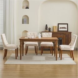 Upholstered Tufted Dining Chairs Set of 4, Fabric Side Dining Room Chairs with Nailhead Back Ring Pull Trim Solid Wood Legs, Beige  Dimensions 16.9"D 