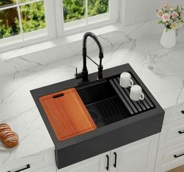 Black Farmhouse Kitchen Sink with Accessories
