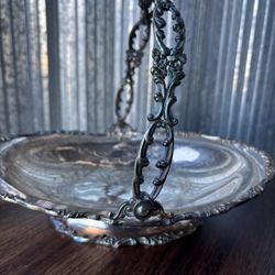 VINTAGE LARGE STERLING SILVER PLATED SERVING PLATTER SWING HANDLE