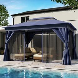 LAUSAINT HOME 10'x13' Patio Gazebo, Double Roof Outdoor Shelter Tent with Mosquito Nettings and Privacy Screens, Navy Blue
