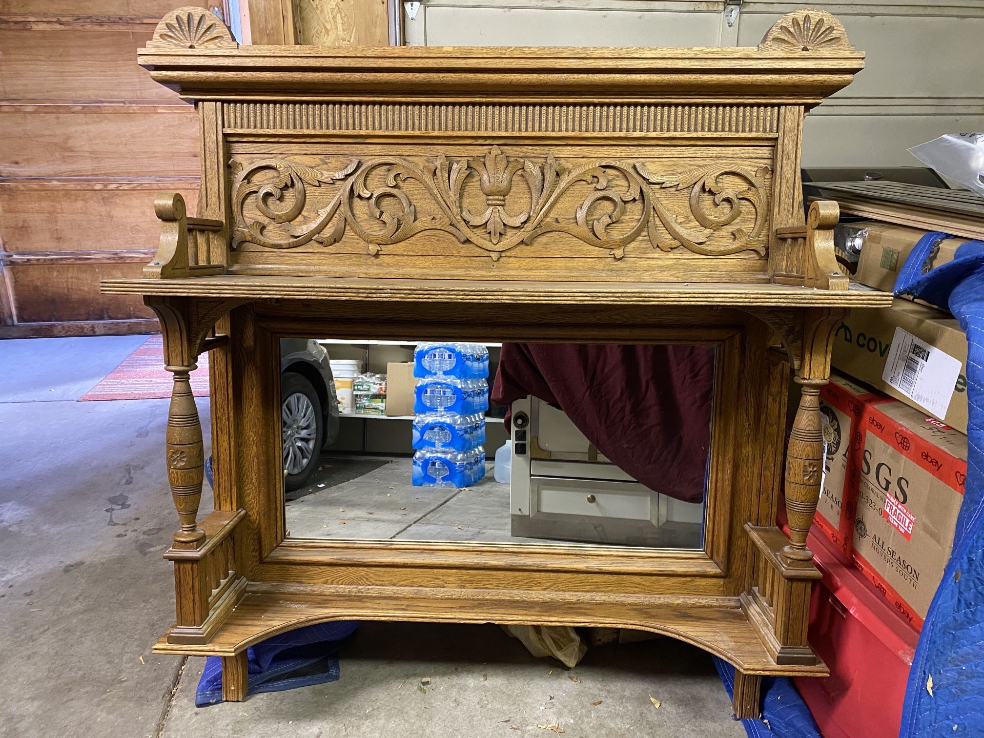 Antique Solid Oak Carved Mirror - Near Mint