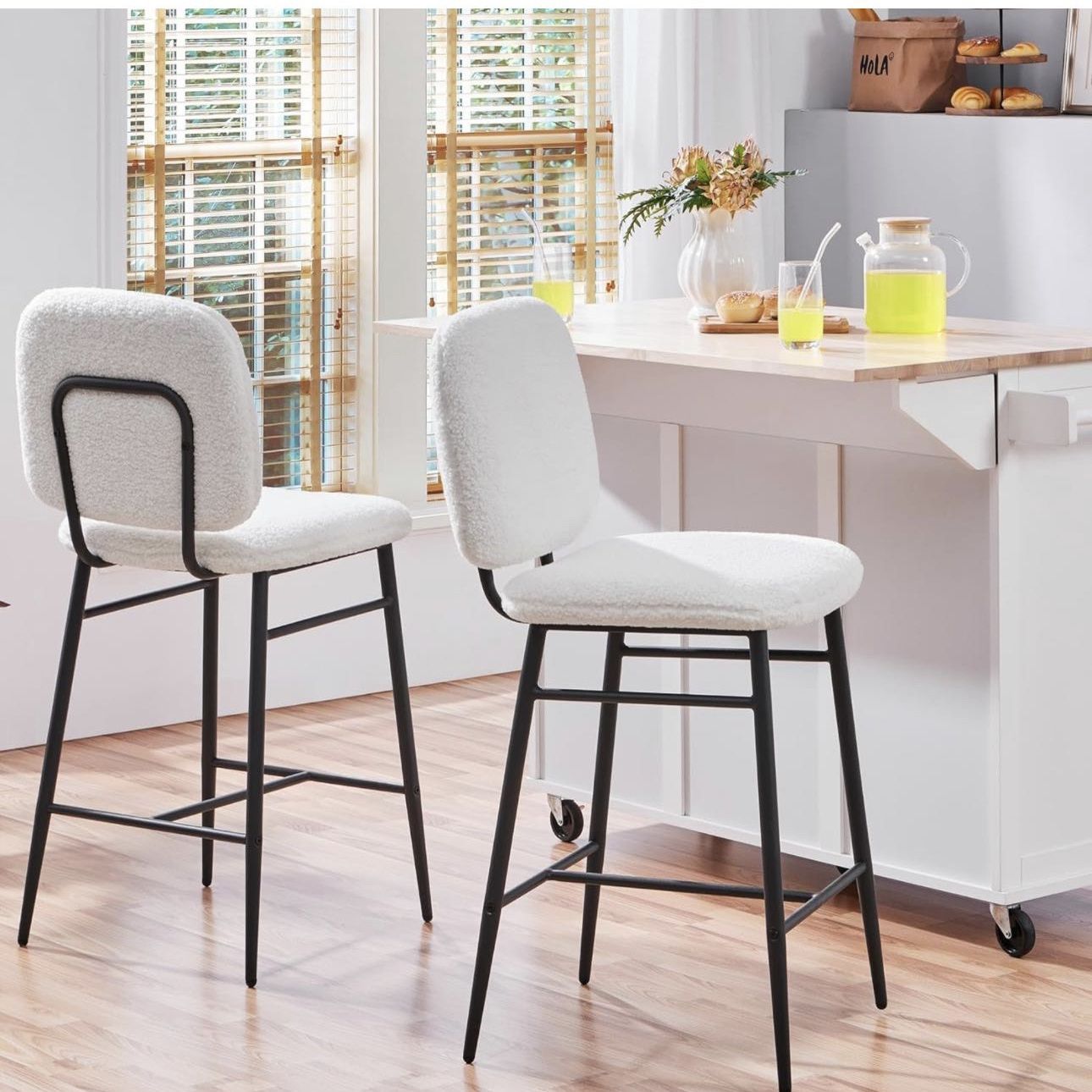 Modern Bar Stools Set of 2 Boucle Barstools Counter Height Bar Stools with Metal Legs Armless Kitchen Island Stools for Pub Club Kitchen, White 614161